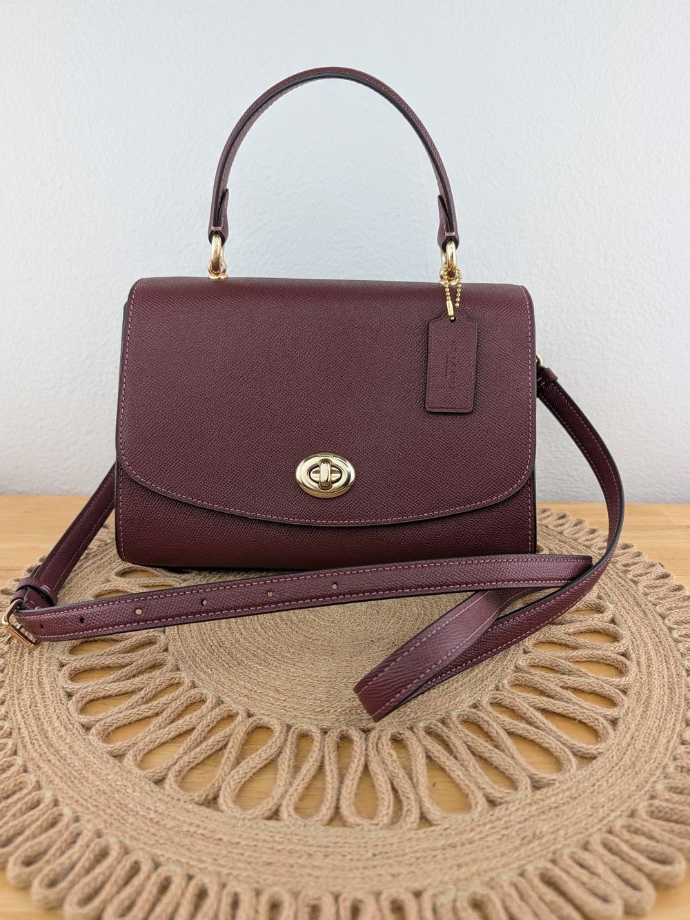 Coach Tilly Leather Top-Handle Structured Satchel Handbag Crossbody Bag Burgundy